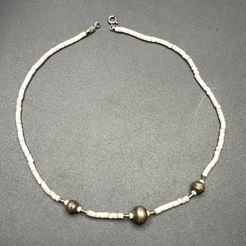 Vintage Signed BIRMA Shell 14” Choker/Necklace w/Sterling Silver Beads (Tested)